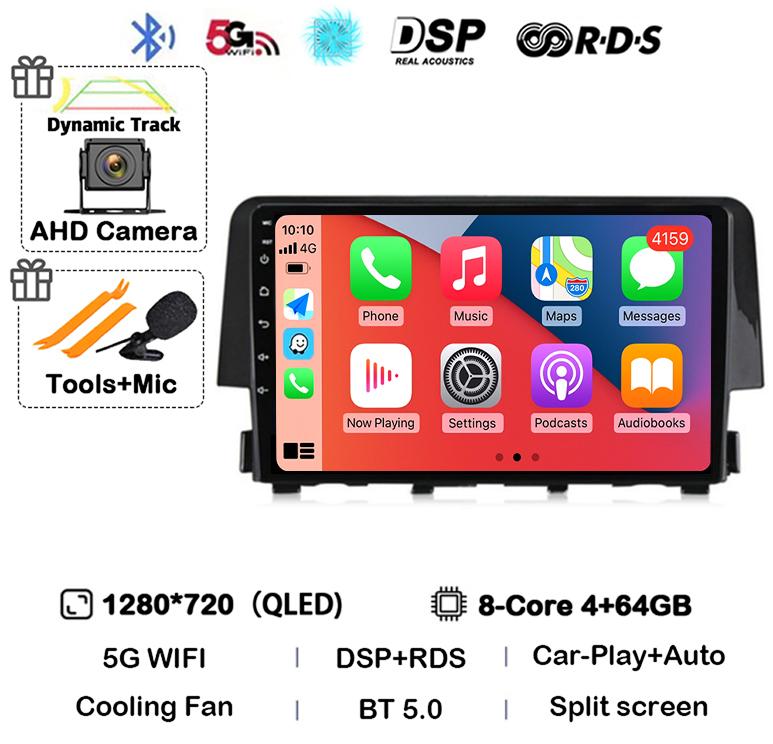 Android 14 Wireless Carplay Auto For Honda Civic 2016 2017 2018 2019 2020 Car Radio Stereo Multimedia Player GPS 4G+WIFI DSP
