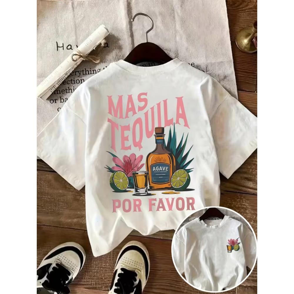 

Women s T-shirt with Mas Tequila Por Favor Tequila Lover Graphic , Front & Back Print Casual Top, Spring Summer Daily Wear S