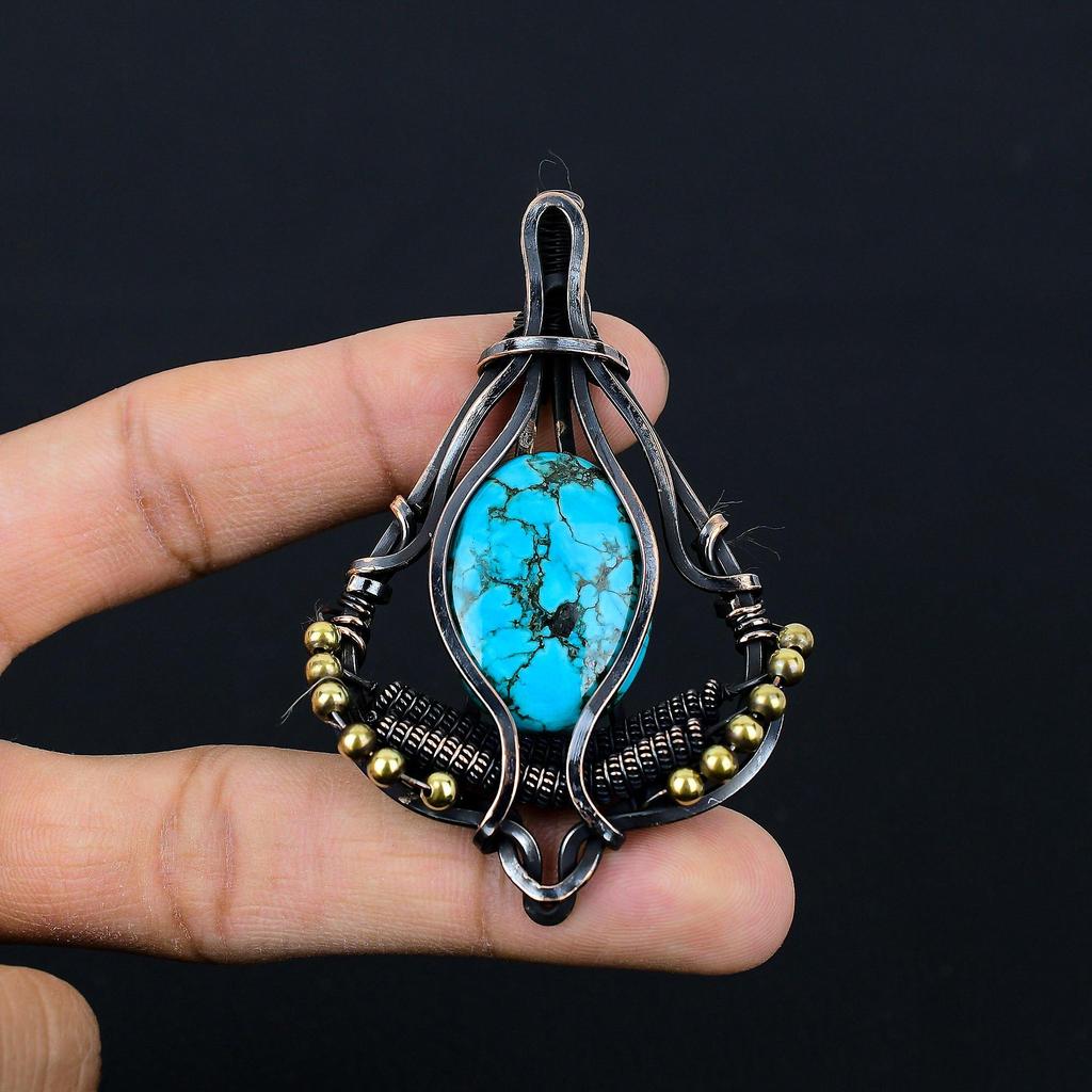 Tibetan Turquoise Gemstone Pure Copper Wire Wrapped Designer Handmade Pendant Jewelry For Her
