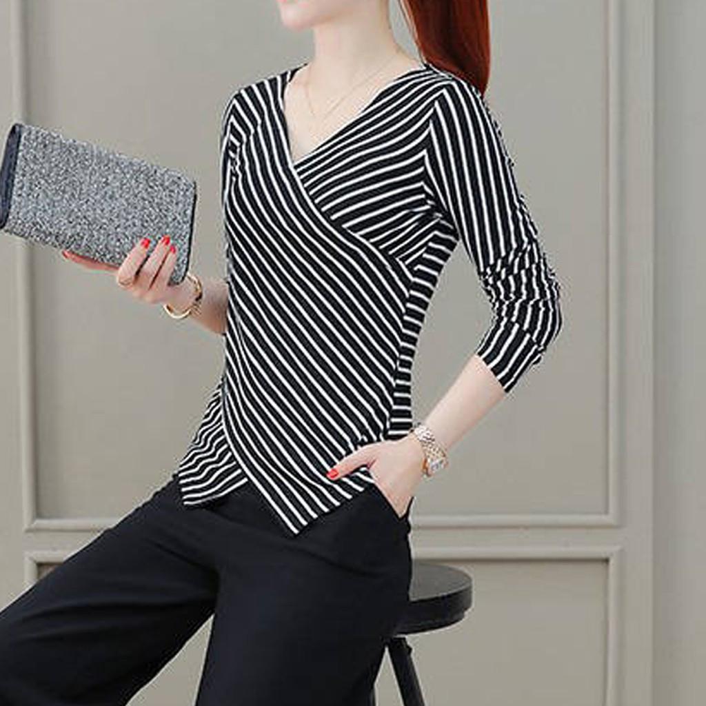 

Модная блузка женская рубашка с длинными рукавами и полосатой рубашкой с v-образным вырезом L
