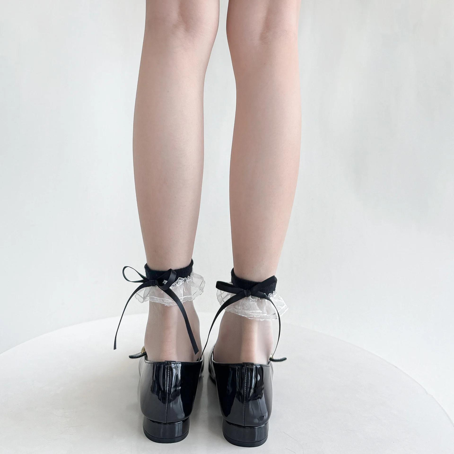 

Летние ультратонкие прозрачные шелковые носки с кристаллами, женские носки с бантом и лентой Kawaii, милые носки Lolita Sweet Girls с кружевными оборками чёрный