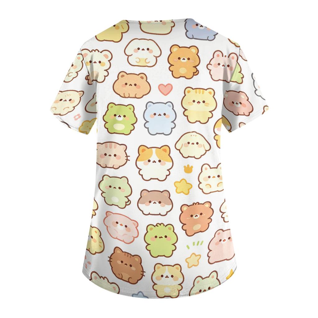 Women's V Neck Short Sleeve Work Top with Pockets Animal Print Medical Scrub Shirt for Caregivers Nurse Uniform