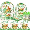 Green Dinosaur Birthday Party Supplies: Disposable Plates, Cups, Napkins, and Tablecloth for Decoration.