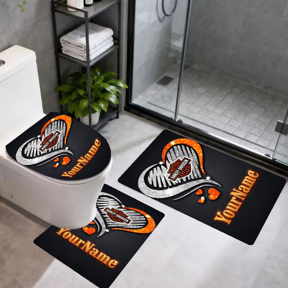 Harleydavidson Motorcycles Customize Your Name 3Pcs Bathroom Mat Set Toilet Lid Cover Ushaped Foot Mat Nonslip Floor Mat Decor For Bathroom