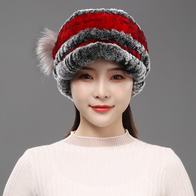 Fur Hat for Women Winter Rex Rabbit Fur Middle-aged and Elderly Ladies Mothers and Grandmothers Fashionable and Warm Knight Cap