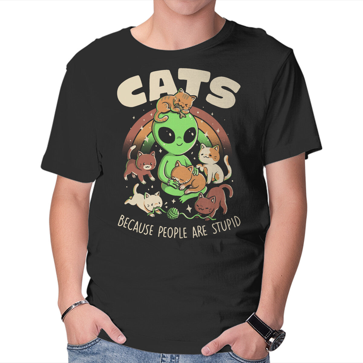 Unisex Crew Neck T-Shirt Cats Because People Are Stupid Graphic Short Sleeve Casual Tee L