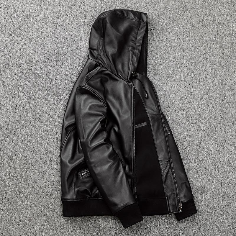 Höst Huvförsedd Fårskinn Läder Herr Slim Läderjacka Mode Allt-i-ett Kappa