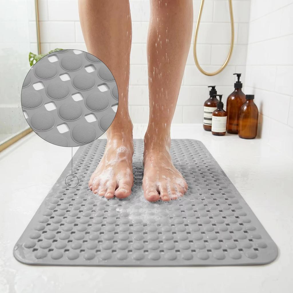 17x68cm Non-Slip Bath Mat with Suction Cups & Drain Holes - Soft, Machine Washable Shower Floor Pad for Safety & Foot Scrubbing
