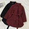 Women's Single-Breasted Collar Corduroy Shirt Dress - Korean Style Loose Fit, Mid-Length for Spring/Autumn 2025
