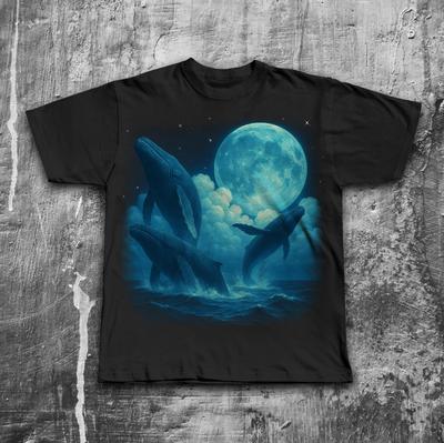 90s Retro Whales Vintage Graphic Tee Shirt Sea Animal Moon Midnight T-shirt Ocean Nature Sealife Ocean Whale Men Clothing