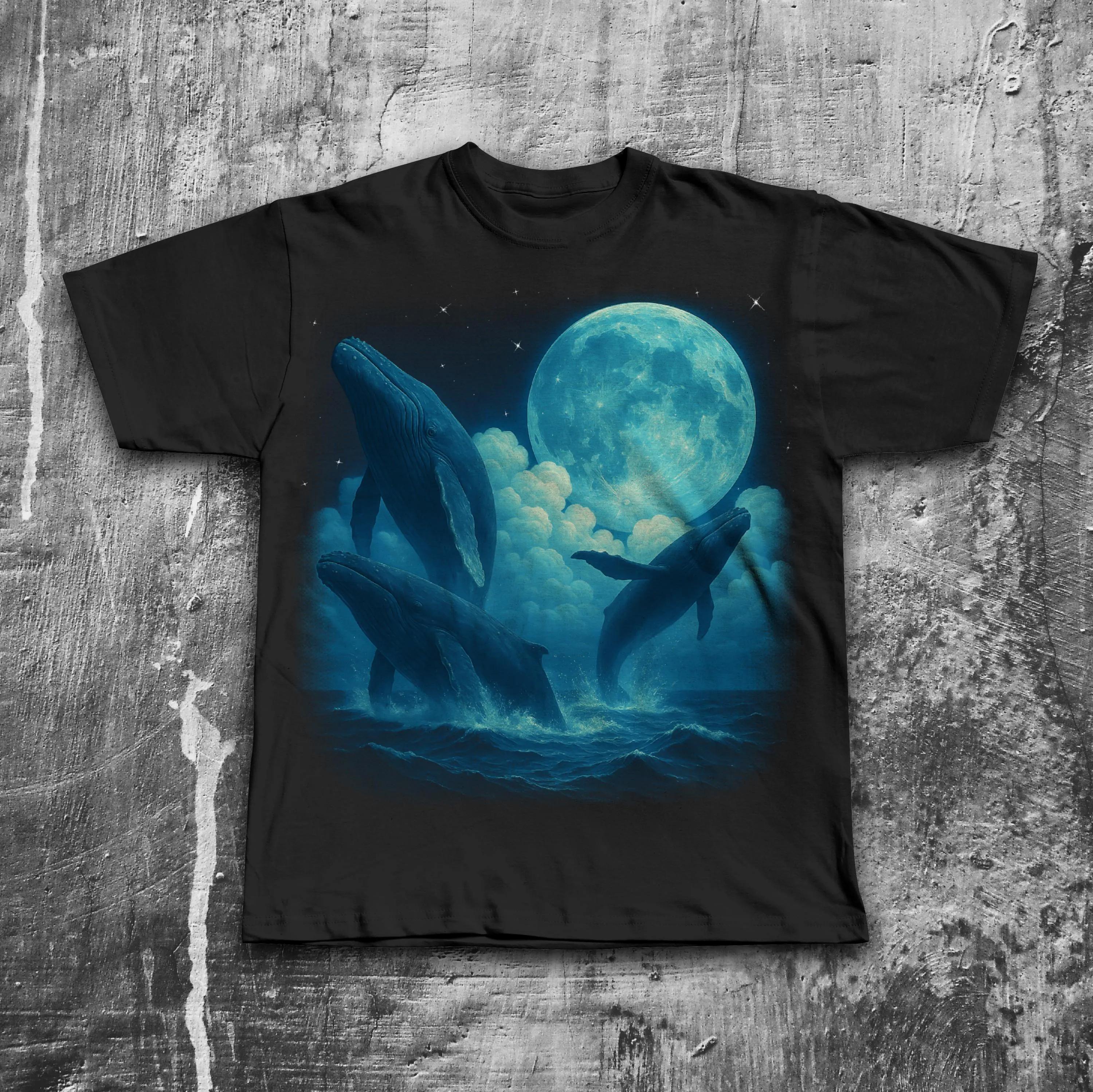 

90s Retro Whales Vintage Graphic Tee Shirt Sea Animal Moon Midnight T-shirt Ocean Nature Sealife Ocean Whale Men Clothing 4XL