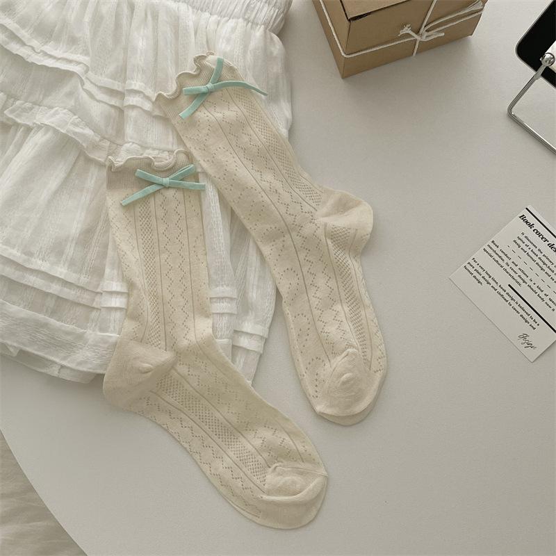 Sweet And Versatile Summer New High-Elastic Cotton Fungus Edge Love Hollow Macaron Bow Thin Socks