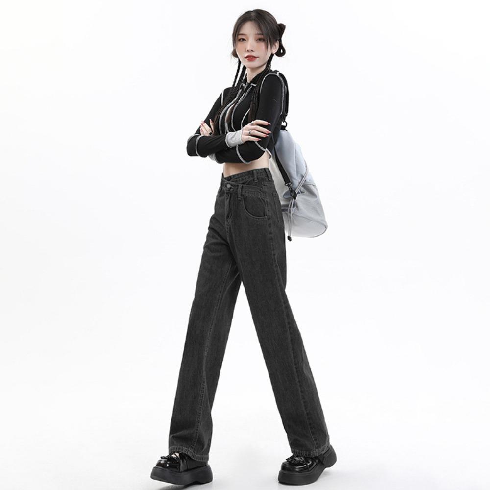 American High Street High Waist Straight Jeans Women's Loose and Thin Irregular Niche Hyunya Wide-leg Floor Pants