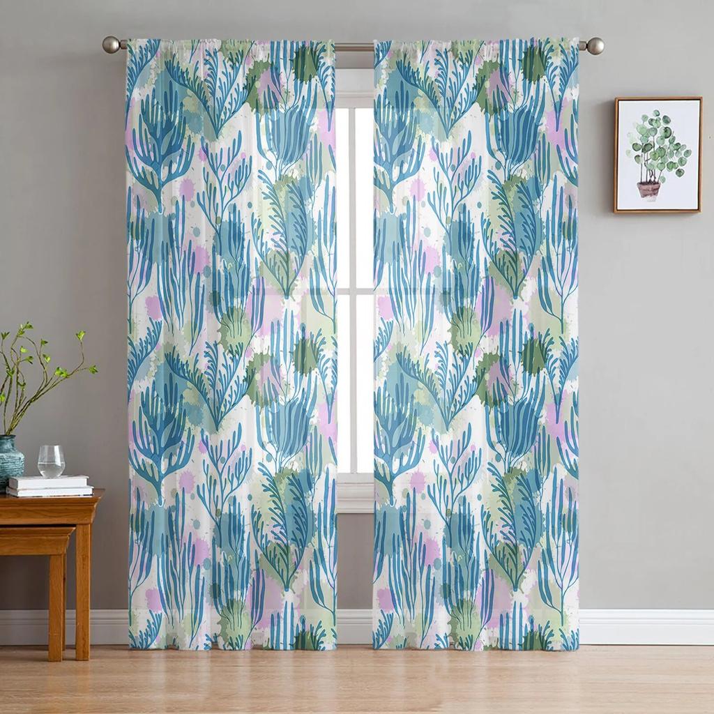 Seagrass Coral Ocean Watercolor Sheer Curtains Transparent Voile Tulle for Bedroom Window Holiday Decoration