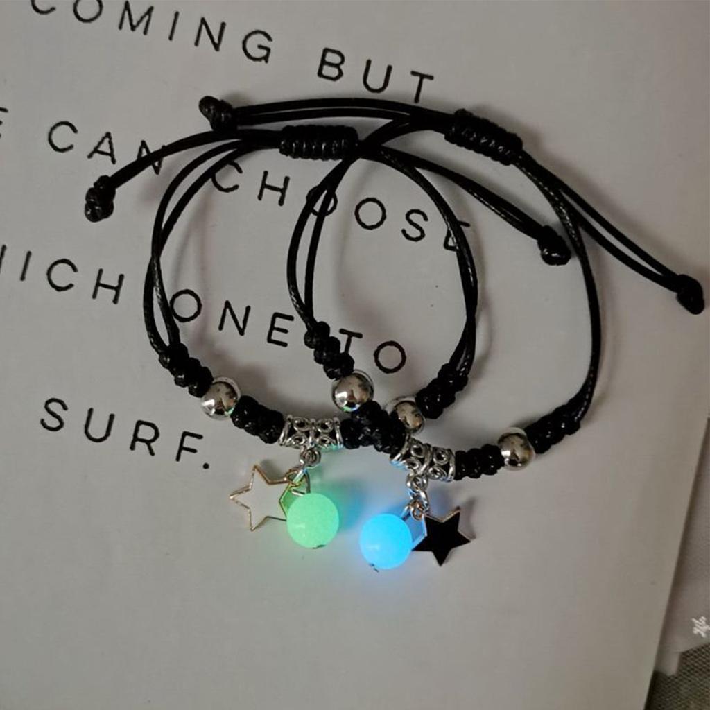 Lovers Bracelet Dark Glowing Adjustable Star Pendant Woven Couple Bracelet for Daily Dating Party Black