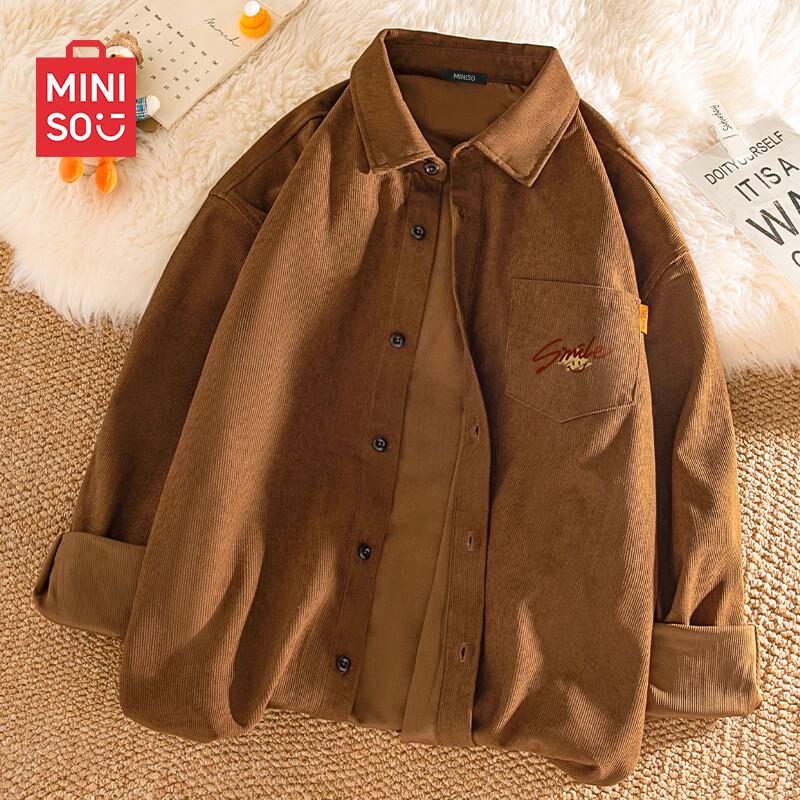 MINISO Men's Color-Block Plaid Corduroy Long Sleeve Shirt