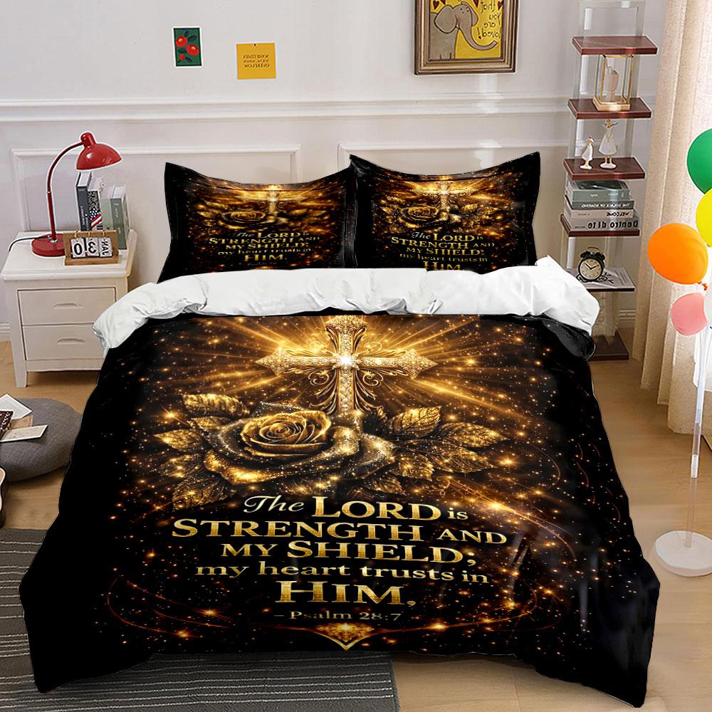 Golden Cross and Psalm Print Set Bedding Duvet Cover Set Duvet Cover Pillowcases (1 * Duvet Cover 2 * Pillowcases, without duvet insert)