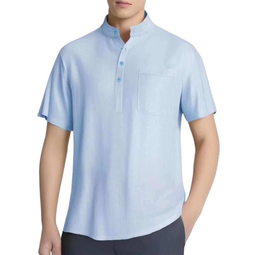 Men's Cotton Linen Shirts Casual Short-sleeved T-shirts Hawaiian Henrey Shirt Solid Color Male Tees