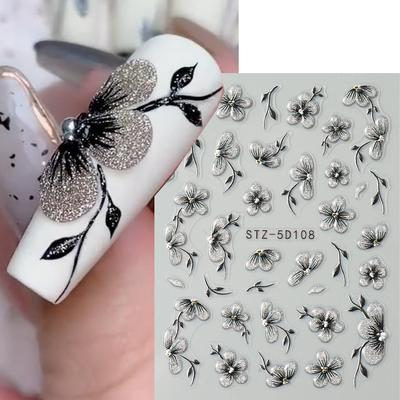 1PC 5D Black Glitter Nail Stickers Watercolor Blooming Nail Manicur Spring Floral Adhesive Transfer Decals Slider Nail Art Decor