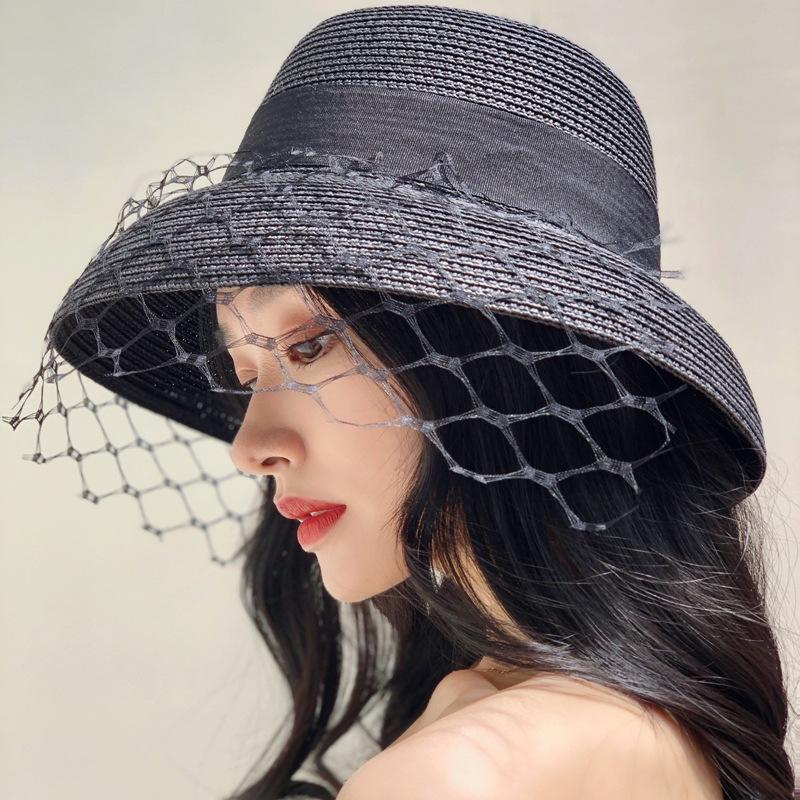 French Elegant Retro Mesh Black Bell-Shaped Basin Hat Women'S Summer Sunshade Sunscreen Beach White Fisherman Top Hat Straw Hat