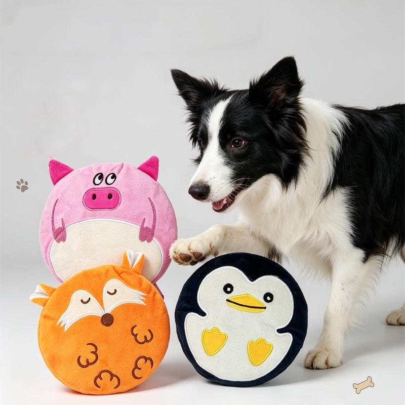 Cute Cartoon Plush Dog Flying Disc Squeaky Chew Toy Soft Safe Teething Outdoor Training Interactive Toy for Small Medium Dogs
