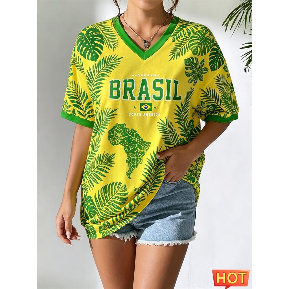 T-shirt da donna estiva con scollo a V Maglietta da calcio brasiliana Maglia da donna con gradiente giallo verde Asciugatura rapida nuova T-shirt brasiliana