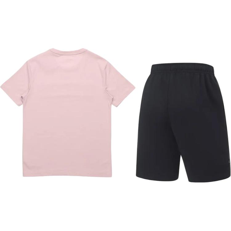 Li Ning Letter Print Fashion Round Neck Pullover Short Sleeve Comfortable Versatile Tie Waist Five Point Pants Casual Sports Suit AHSP077-5+AKST543-3