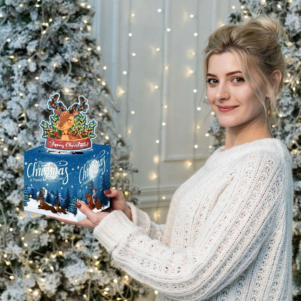 Christmas Theme Gift Box With Deep Blue Reindeer Design For Holiday Party Decor