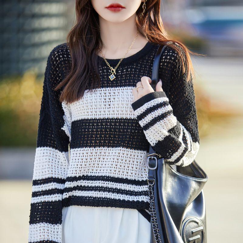 Spring and Summer Women's Long Sleeve Hollow Knitted Sweater Round Neck Loose Air-conditioned Shirt Thin Pullover Cover Shirt