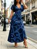 Vestido Maxi Azul de Cuello en V para Mujer Estampado de Leopardo Manga Acampanada Vestido de Verano Casual para Vacaciones