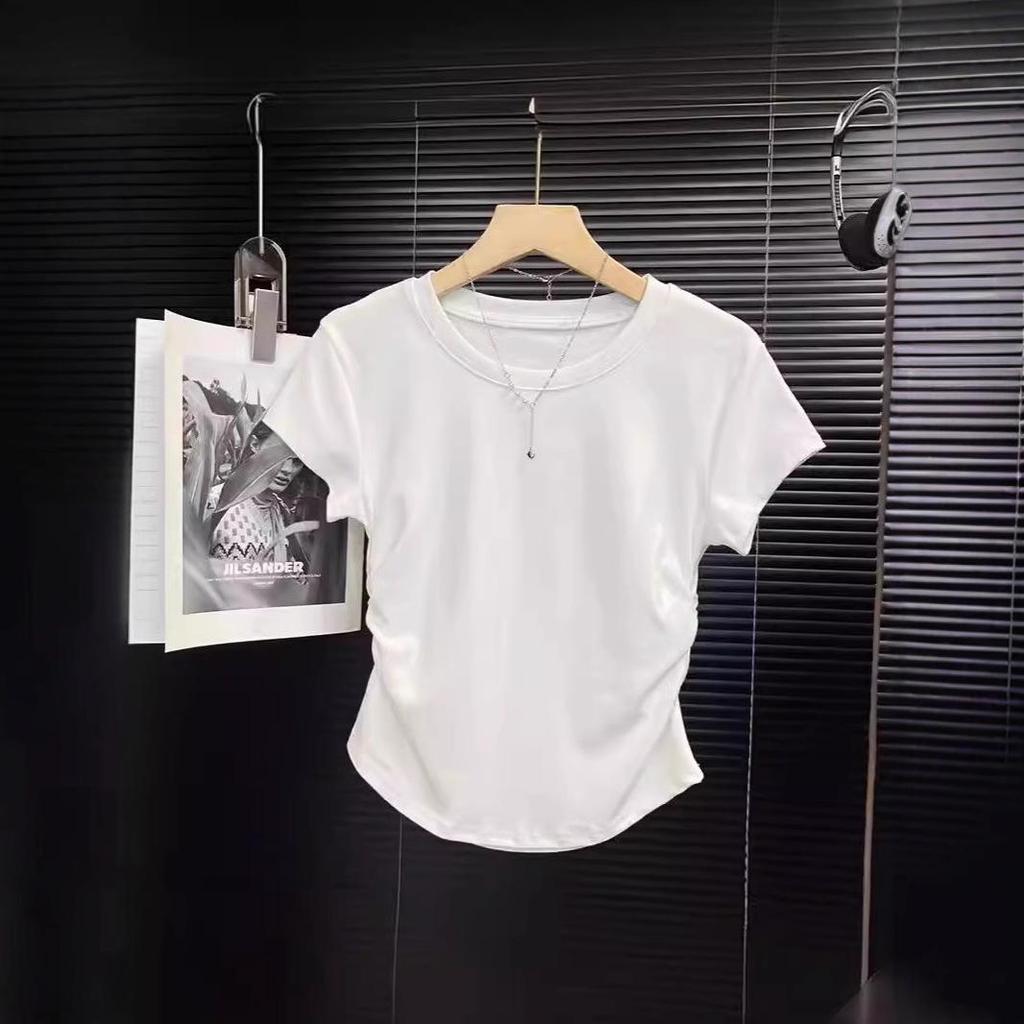 2024 Spicy Girl Waist-Hugging Short-Sleeve Round Neck T-Shirt for Women - Summer Solid Color