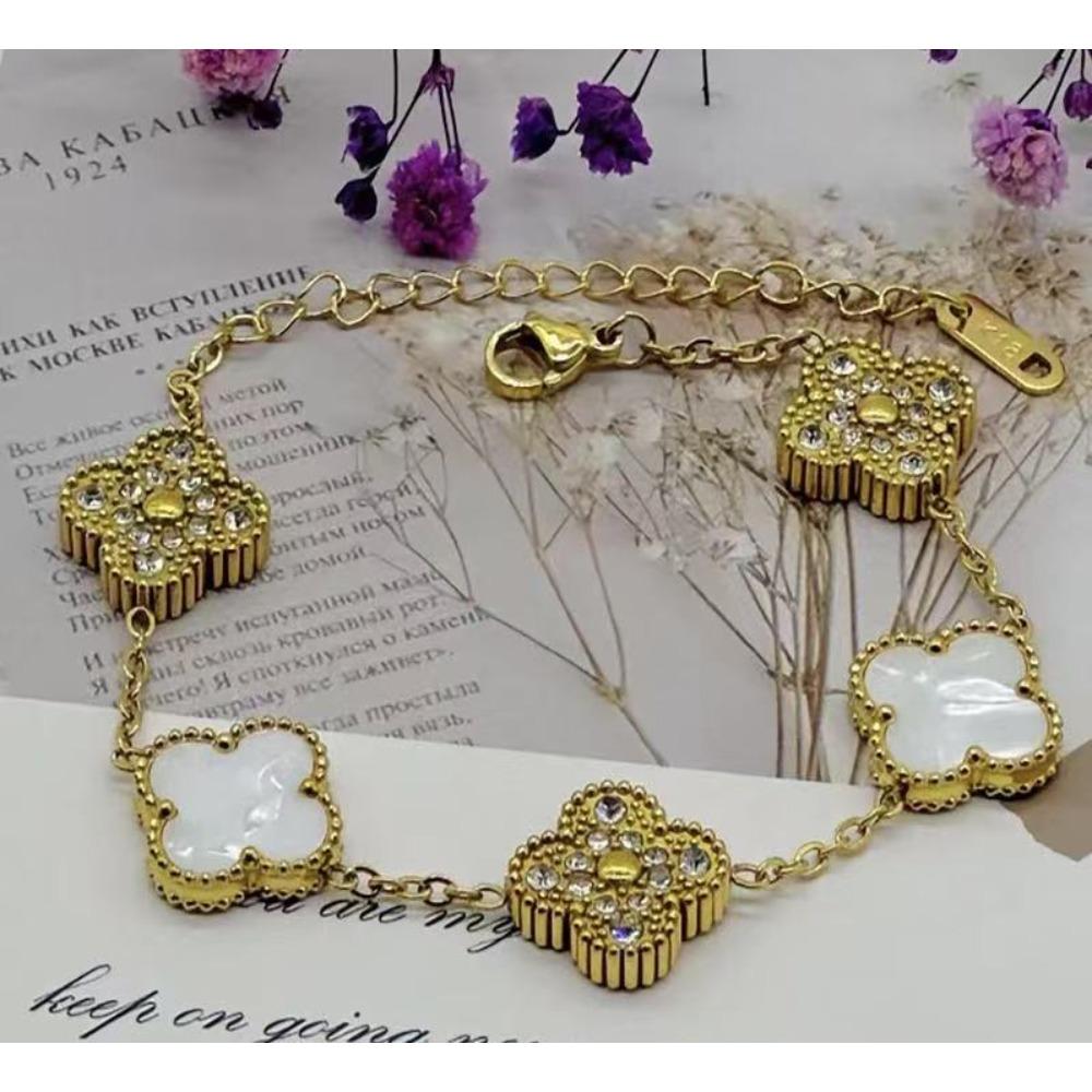 

Браслет 13 мм Четырехлистный клевер Титановая сталь Вакуумная печь 18к Двусторонний браслет из белого перламутра 18K