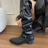 Mode Herbst Winter Plissierte Damen Kniehohe Stiefel Vintage Eckige Niedrige Absätze Schuhe Damen Gürtelschnalle Lange Stiefeletten