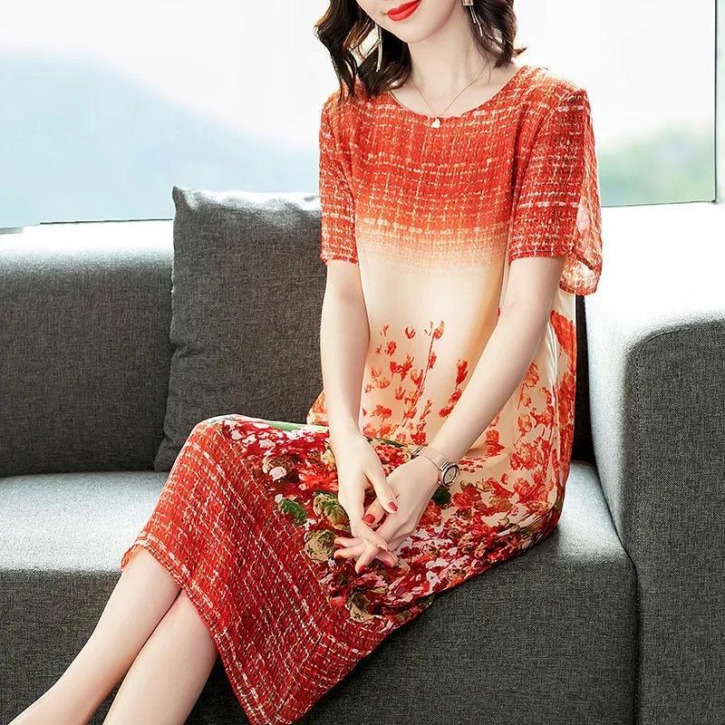 

Платье миди со сдвиговым принтом Женское повседневное платье с круглым вырезом и короткими рукавами Простая газовая юбка с масляной краской Элегантное свободное платье Пляжное платье для отдыха на море XXXL красный