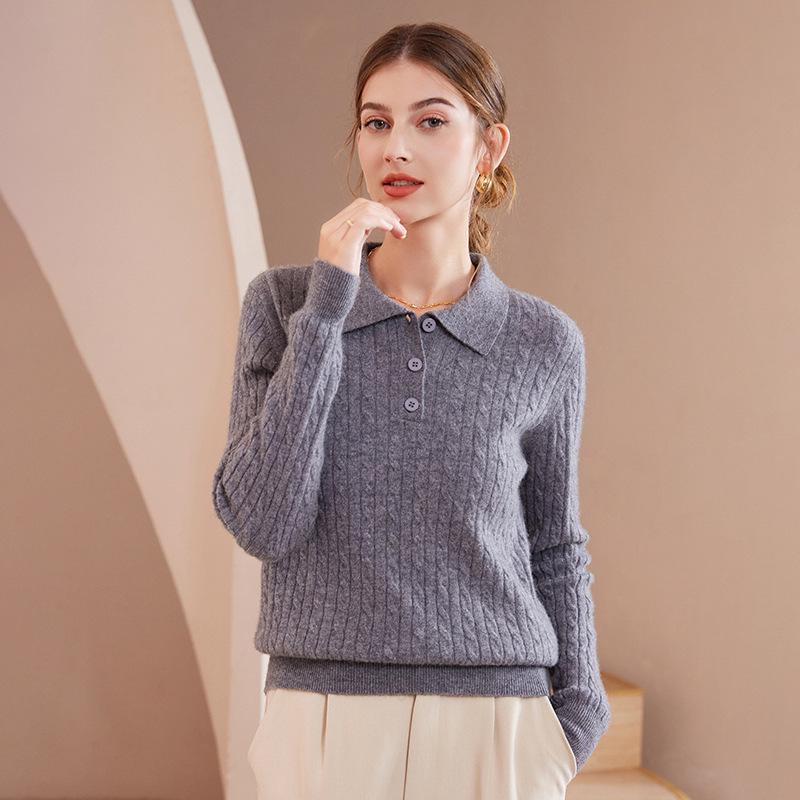 

Кашемировый свитер с воротником поло и узором «цветок» - Женский свободный повседневный пуловер для осени и зимы XL (115-130 jin)