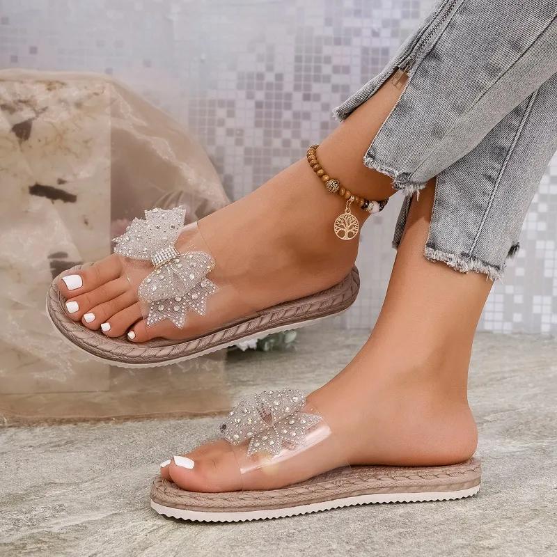 Fashion 2025 New Ladies Shoes Summer Outdoor Women's Slippers Fashion Daily Slippers Women Crystal Bow Tie Flat with Plus Size Sandals