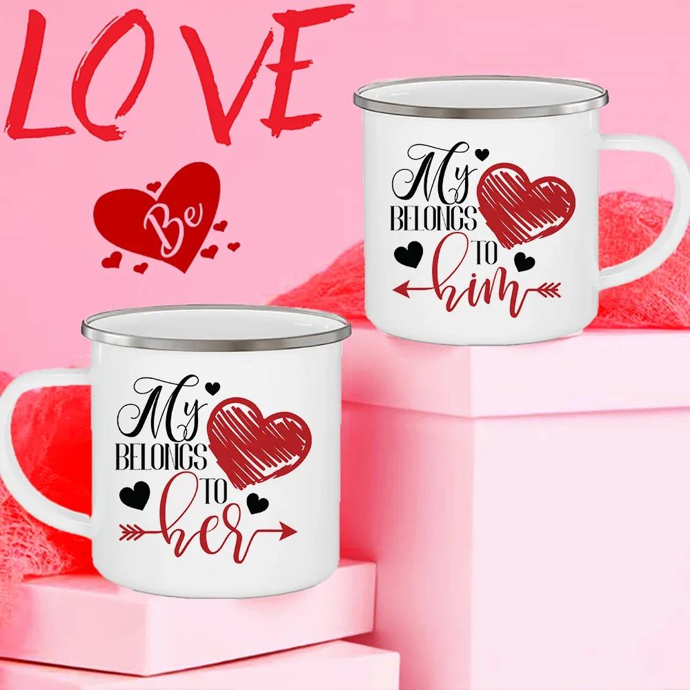 My Heart Belong To Her/him Printed Couples Mugs Creative Coffee Wine Couple Cups Drinks Dessert Milk Enamel Cup Valentines Gifts