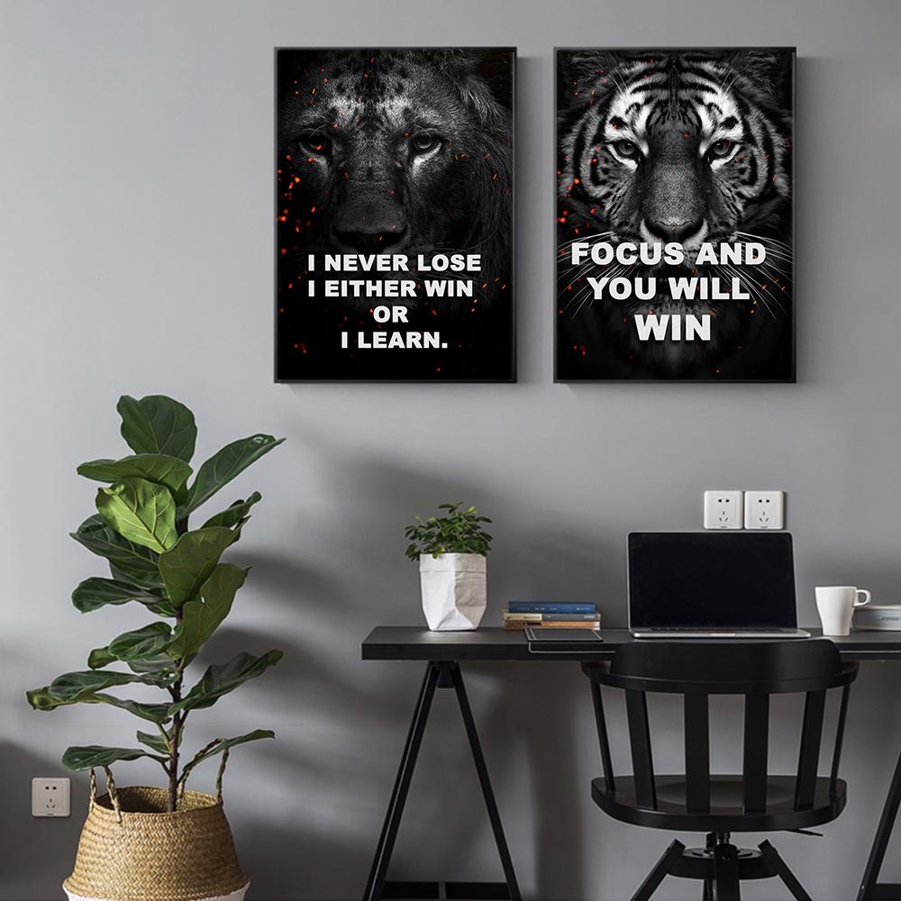 Lion and Tiger Motivational Text Posters Wall Art Canvas Prints Modern Animals Paintings Living Room Home Office Decor Pictures