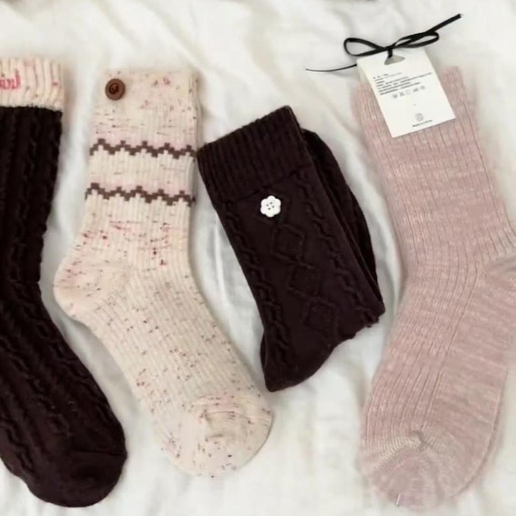 Keluli Girl ~ Pink Brown Wool Socks Sweet Girl Button Twist Socks Thickened Socks For Women