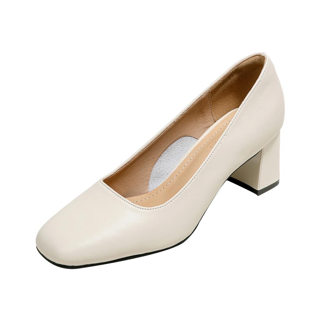 Leather version thick heel not tired feet commuting square head single shoes women's spring and autumn light mouth with skirt low heel medium heel wo