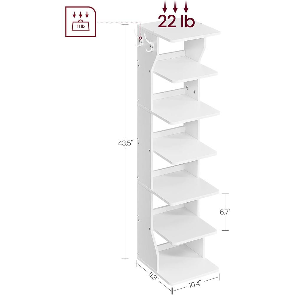 7-Tier Vertical Shoe Rack, Narrow Shoe Storage Organizer with Hooks, Slim Corner Shoe Tower Rack, Space Saving for Entryway