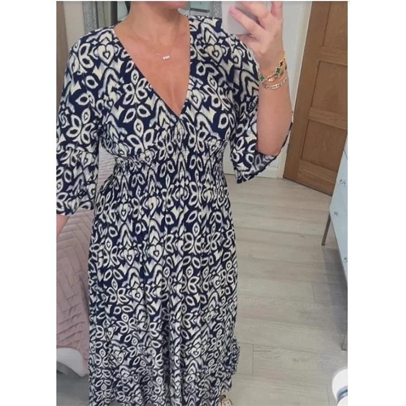 

Новое женское платье с v-образным вырезом и укороченными рукавами с цветочным принтом, морские праздничные платья, повседневная свободная элегантная длинная юбка трапециевидной формы с эластичной резинкой на талии 4XL тёмно-синий