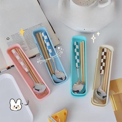 Set di posate portatile di alta qualità in acciaio inossidabile con scacchiera: Cucchiaio e Bacchette con Scatola Portaoggetti per Studenti