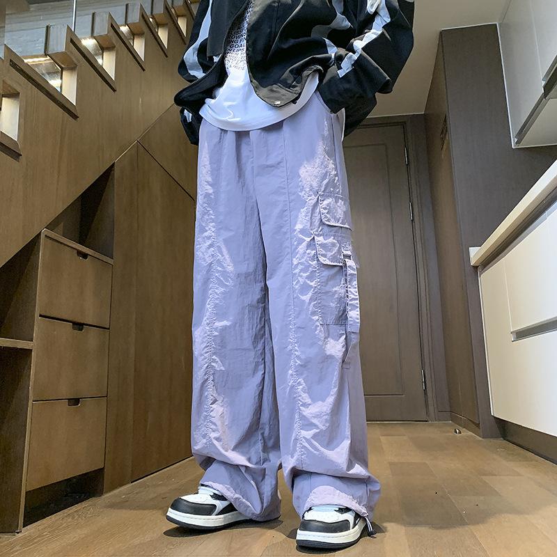 American Solid Color Pleated Functional Tooling Pants Men's Summer Trend High Street Ruffian Handsome Straight Loose Casual Wide-leg Pants