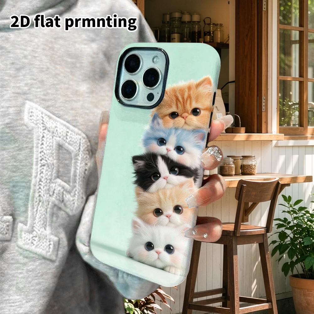 Phone Case: 2D Flat Design Suitable for iPhone 18 17 16 15 14 13 Pro Film Protective Case, Couple Style, Stacked Kittens, Christmas and Halloween Gift