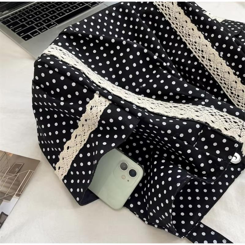 Korean Multi Pocket Polka Dot Lace Shoulder Bag,Vintage Canvas Y2k Girls Tote Bag,Sweet Cute Commuter Work Everyday Handbag
