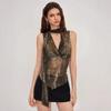 American Spice Girl Wind Mesh Bottoming Shirt Women's Summer Neck T-shirt Loose Printing and Dyeing Chiffon Shirt Ruffle Edge Sleeveless Top