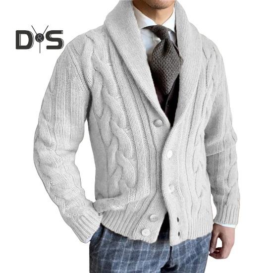Мужской свитер кардиган с лацканами длинный рукав застежка на пуговицы однотонное трикотажное пальто свободного кроя повседневная верхняя одежда M белый 3096₽