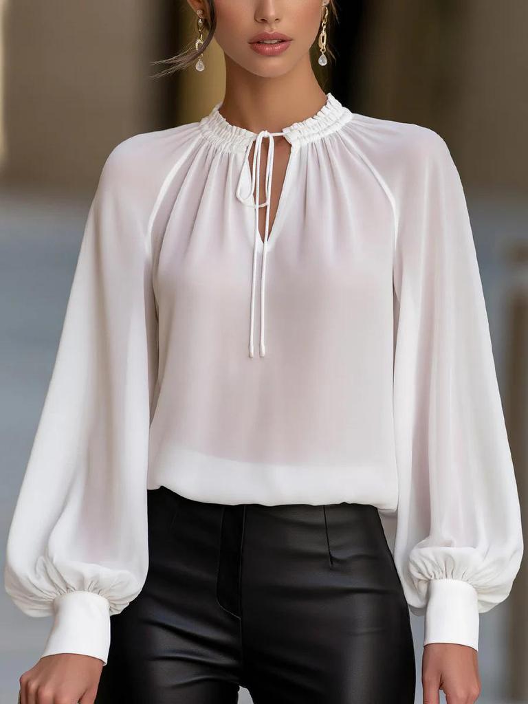 2026 European Lantern Sleeve Lace-Up Women's Shirt - French Style, White, Elegant Commute Top