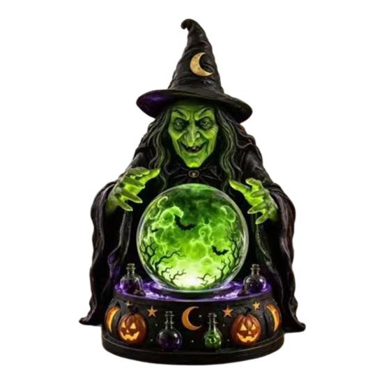 Unique Halloween Gift for Friends LED Lighted Faux Crystal Ball Decoration, Resin Witch/Skeleton/Cat/Ghost Figurine with Led Light